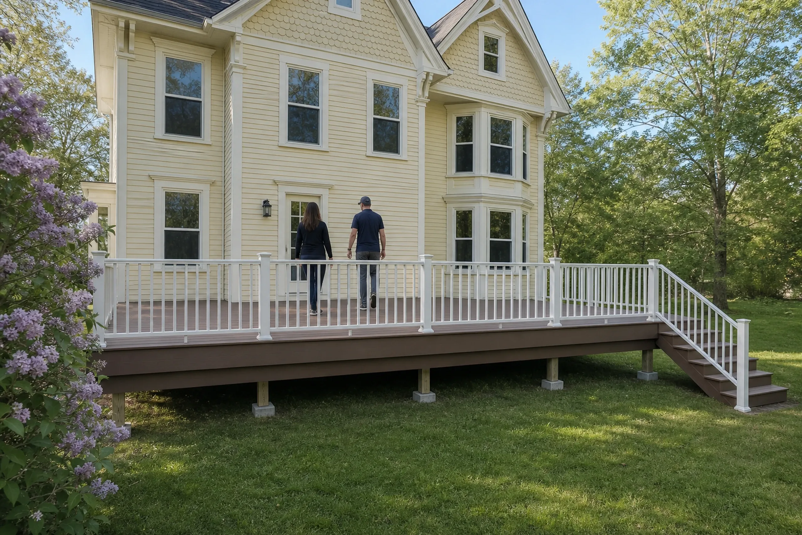 Two people walk on a raised brown deck with white railing attached to a yellow house with multiple windows.