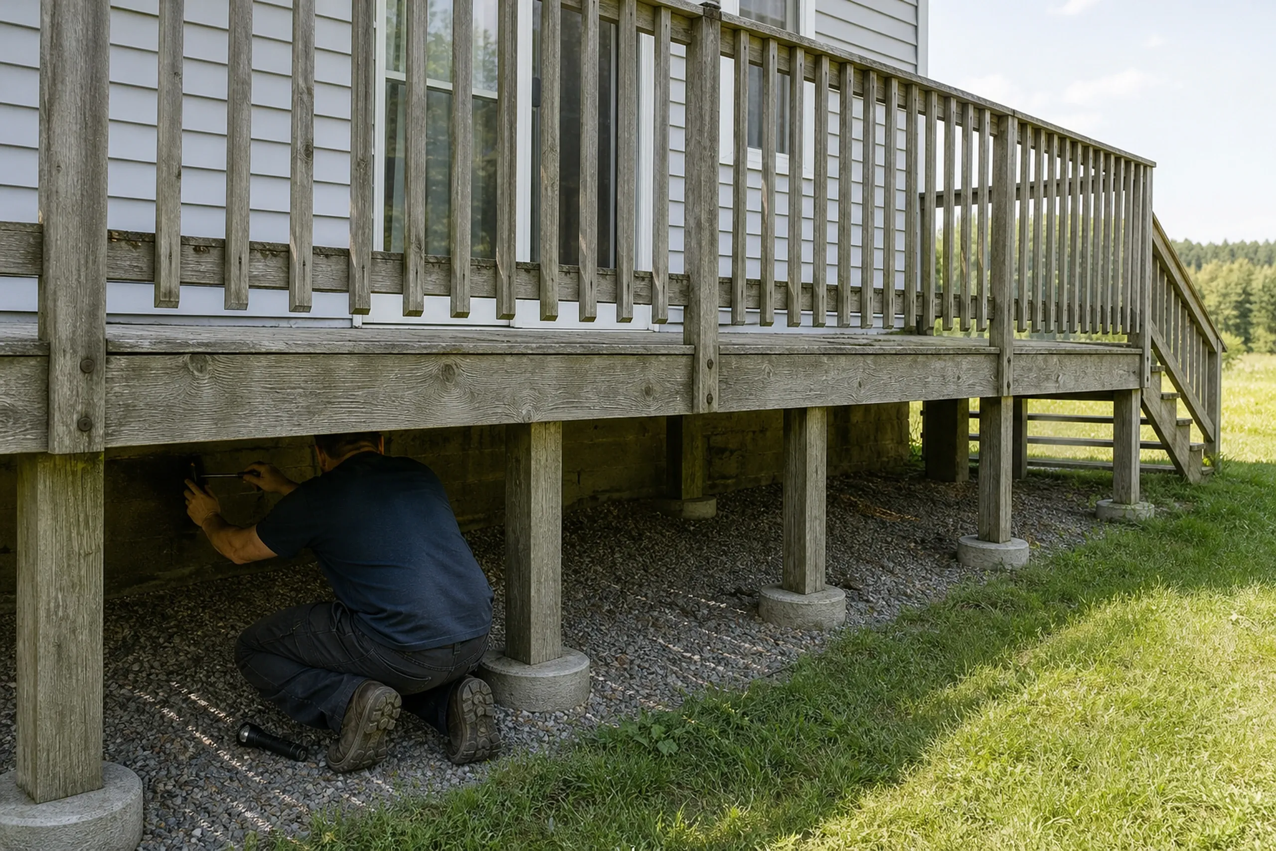 A man crouches under a weathered wooden deck with vertical railing attached to a white house with steps leading down.