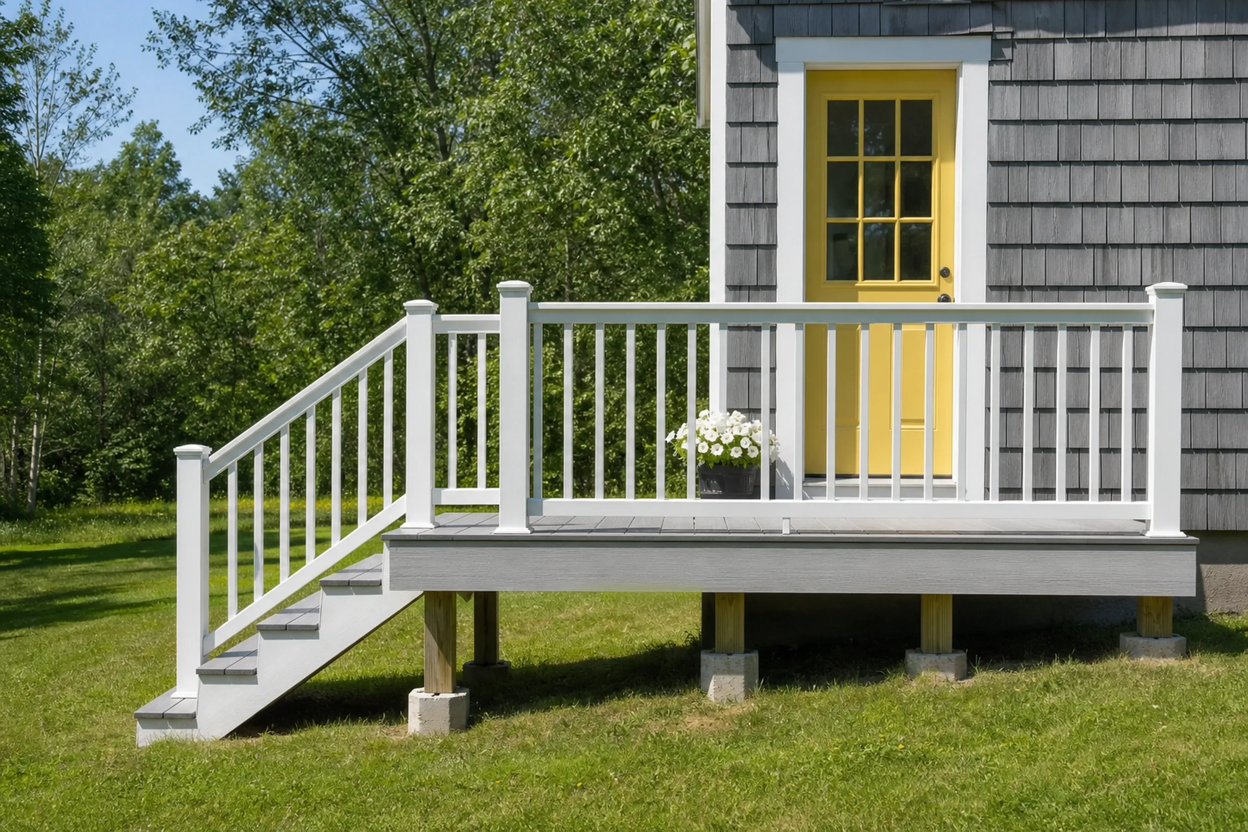 Gray raised deck with white railing and stairs attached to a gray shingle house with a yellow door and flowers on the deck.