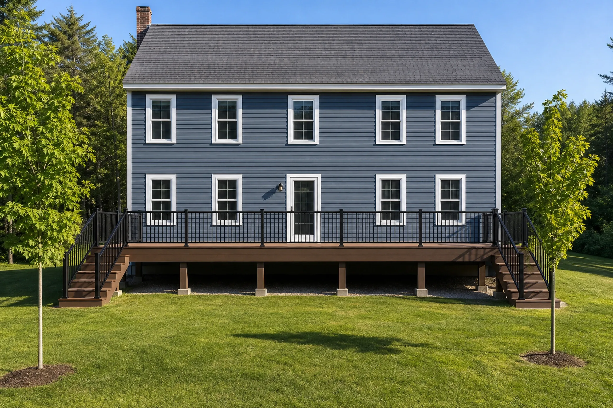 Blue two-story house with white-trimmed windows, a brown elevated deck with black metal railing, and no people visible.