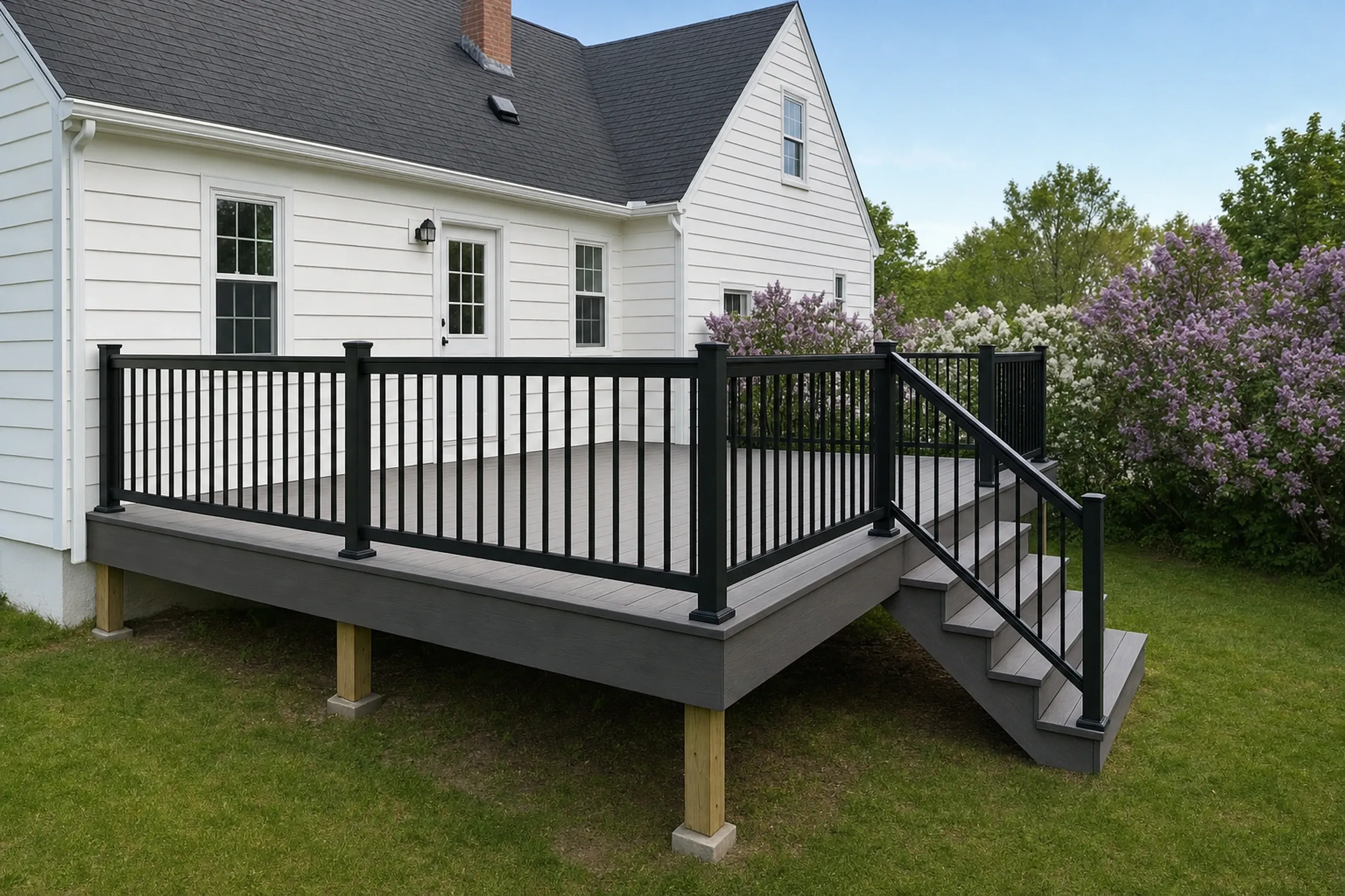Deck builders in lewiston, me: Deck builders Lewiston ME: Raised gray deck with black metal railing and stairs attached to white house with three windows and black roof.