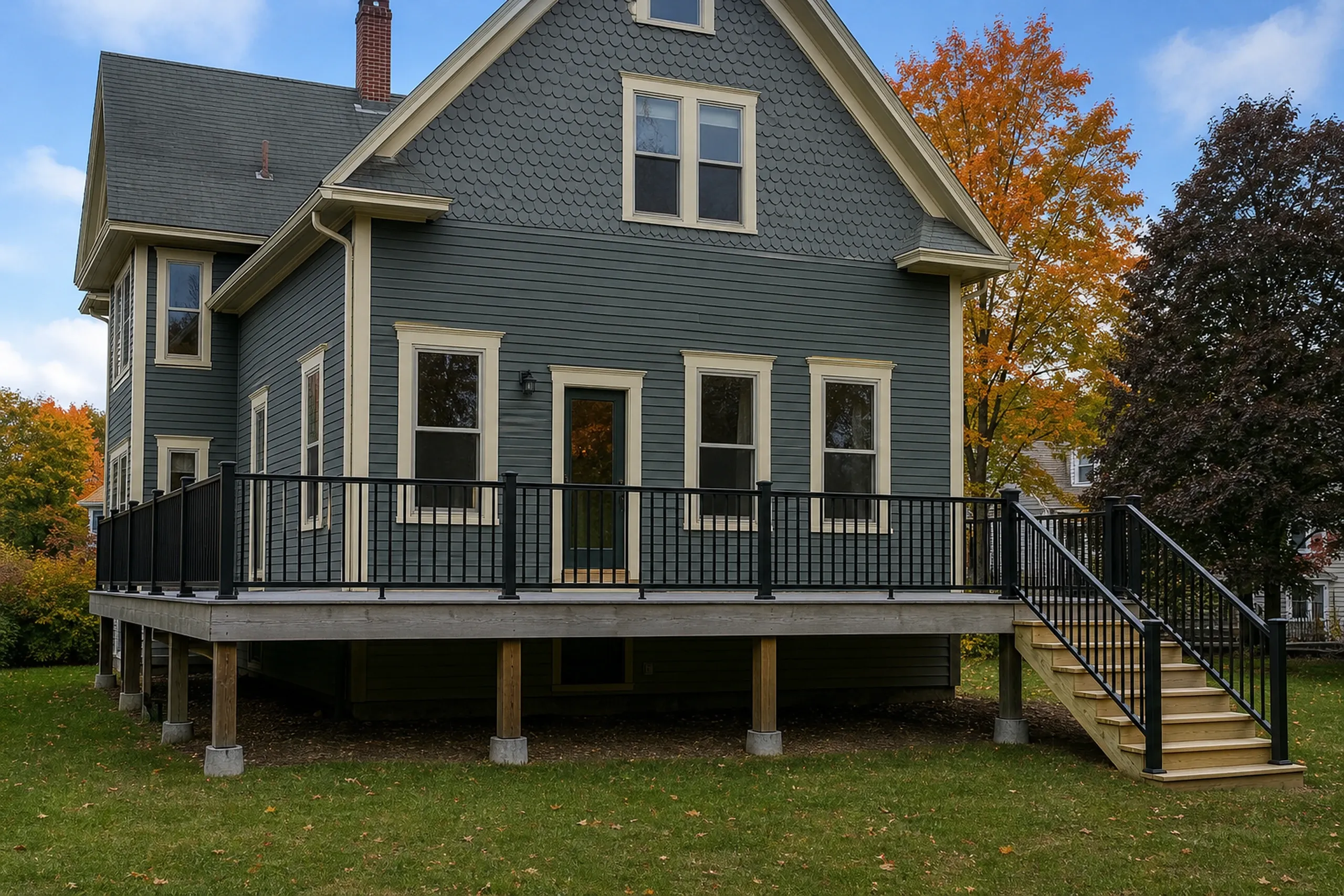 A raised wooden deck with black metal railing and stairs attached to a gray house with cream trim; no people visible.