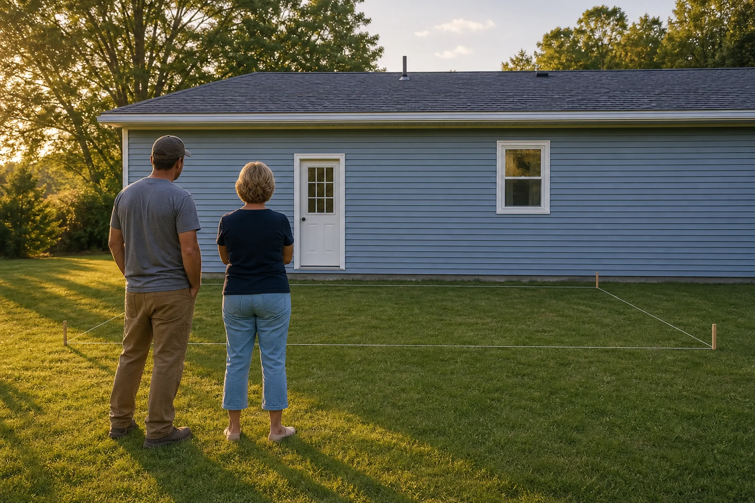 Two people stand on grass in front of a blue house with white door and window, outlined area marked with string and stakes.