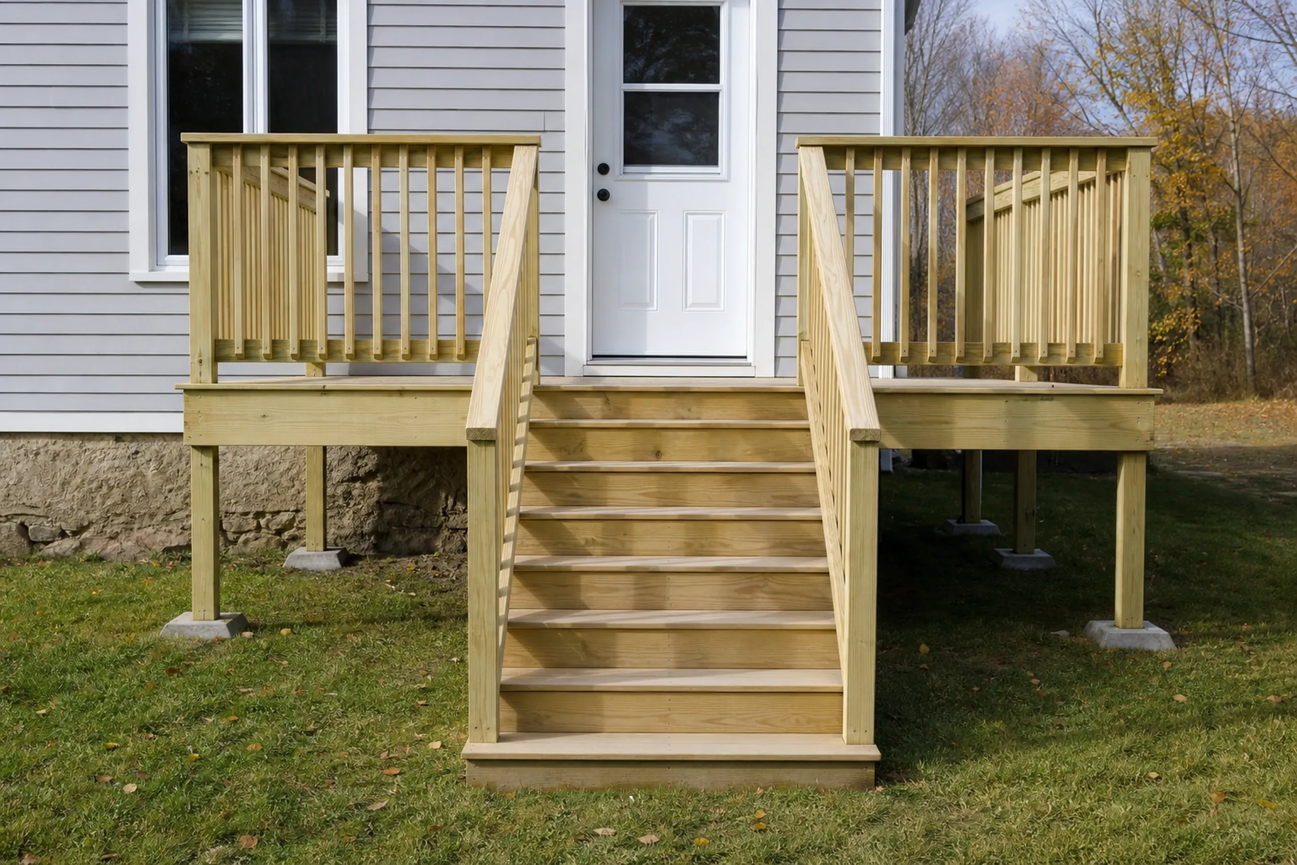 A wooden deck with railings and stairs leads to a white door on a gray-sided house; no people are visible.