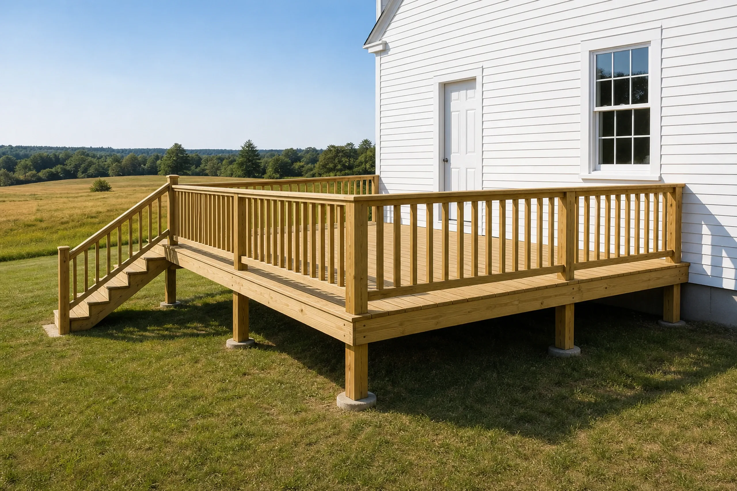 Wooden deck with vertical railings and stairs attached to a white house, no people visible, grassy field in background.