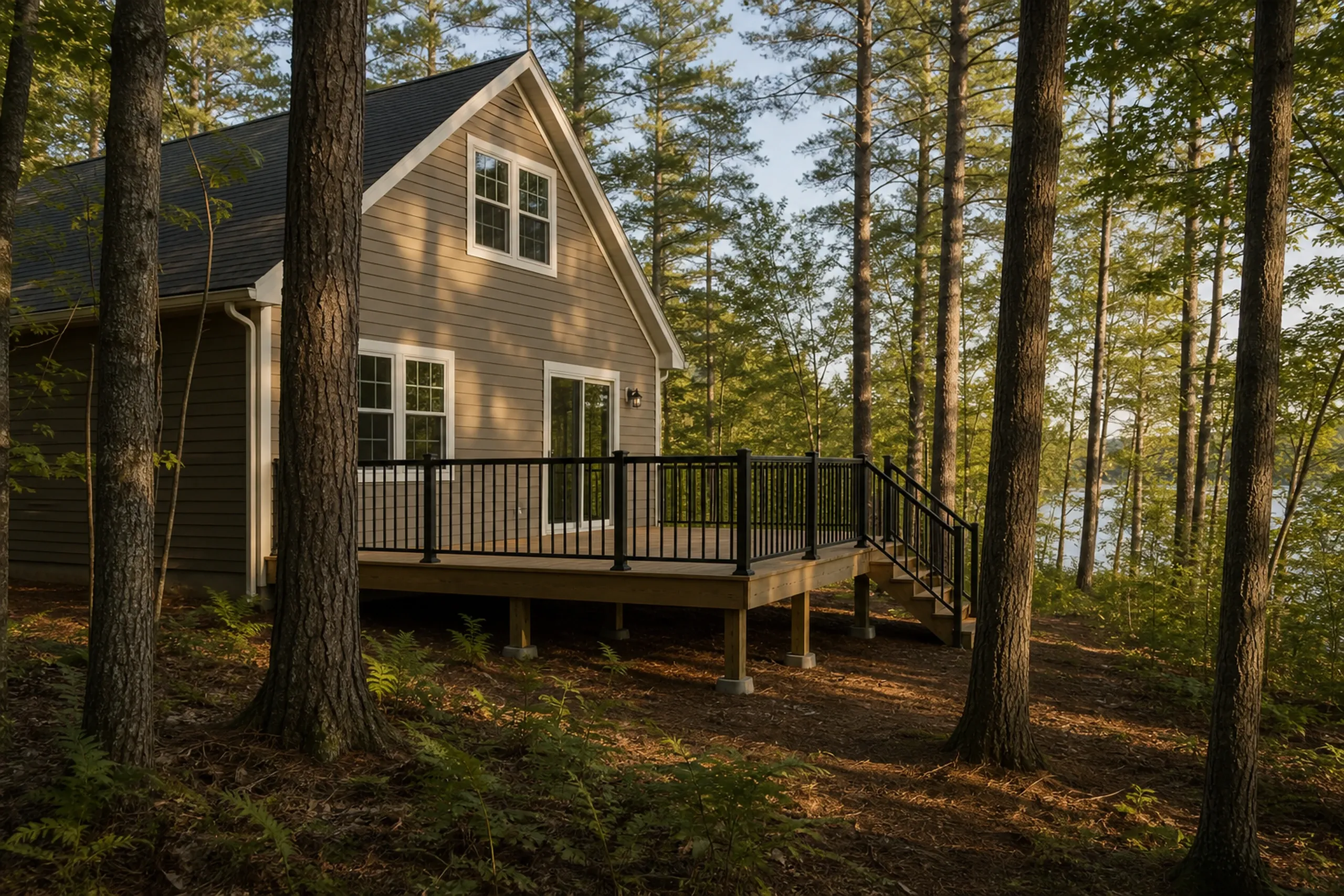 A beige house with white trim and a black metal-railed wood deck extending into a forested area with two people on the deck.