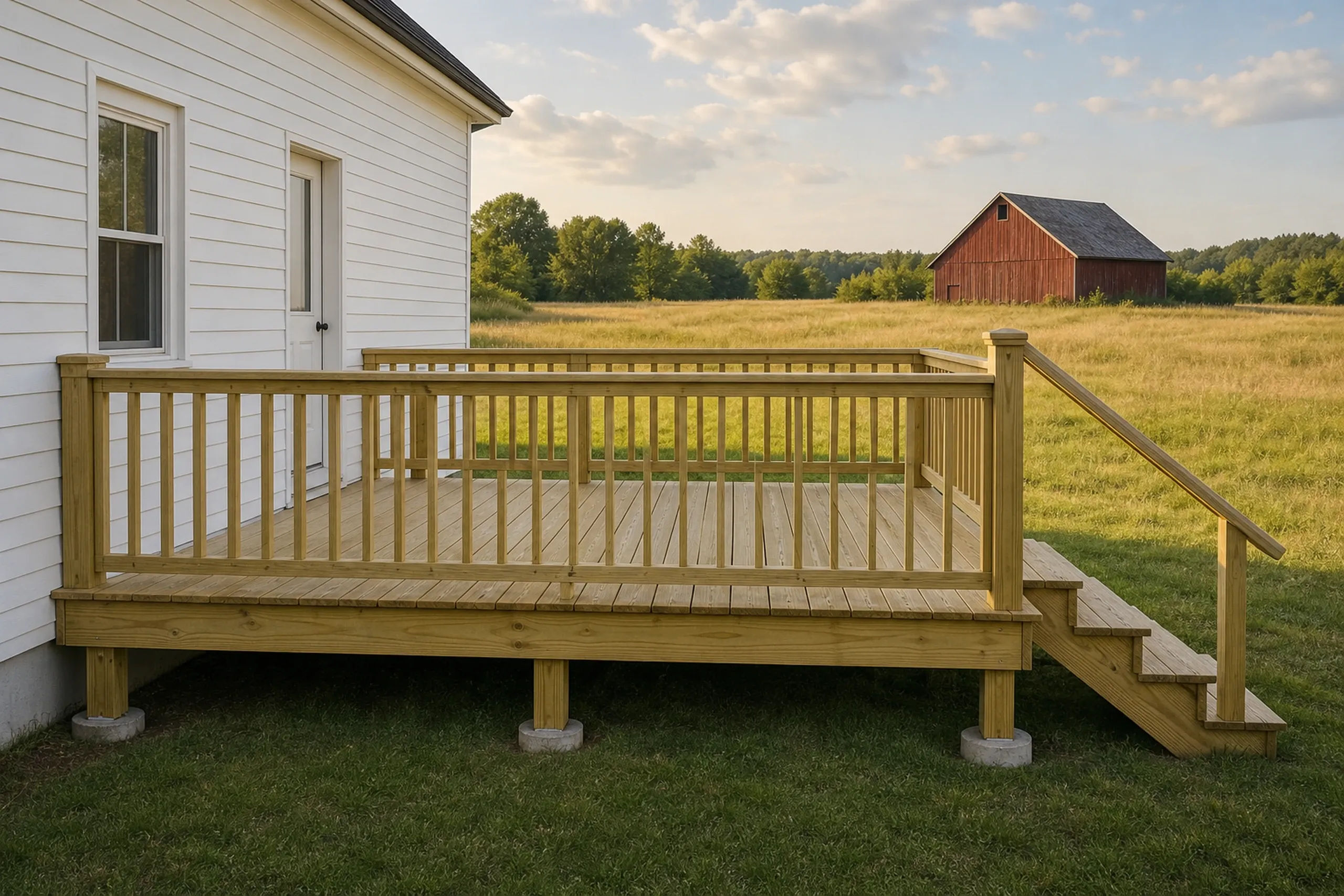 Small wooden deck with vertical railing attached to white house, steps leading down to grass, with a red barn and field in the background.