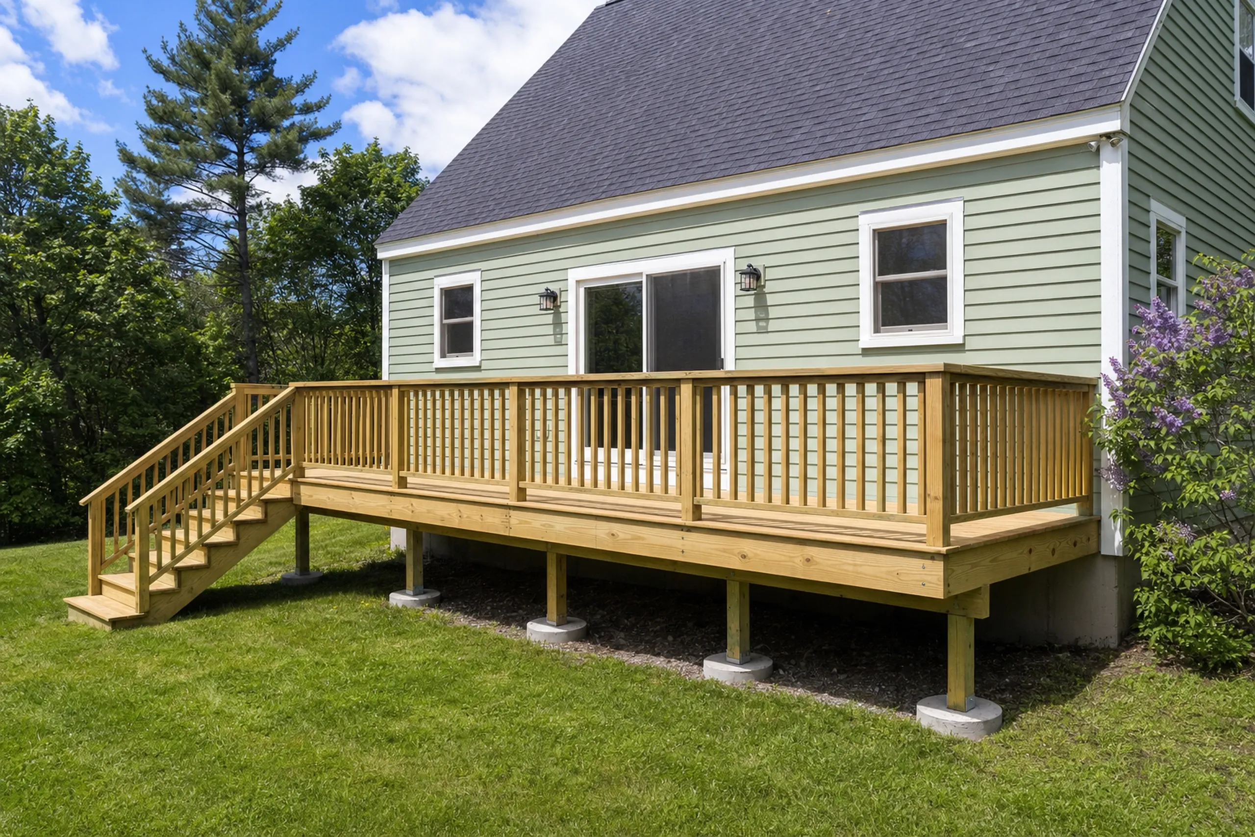 Pressure treated decks: A wooden deck with vertical railing and stairs attached to a green house with three windows and no people visible.
