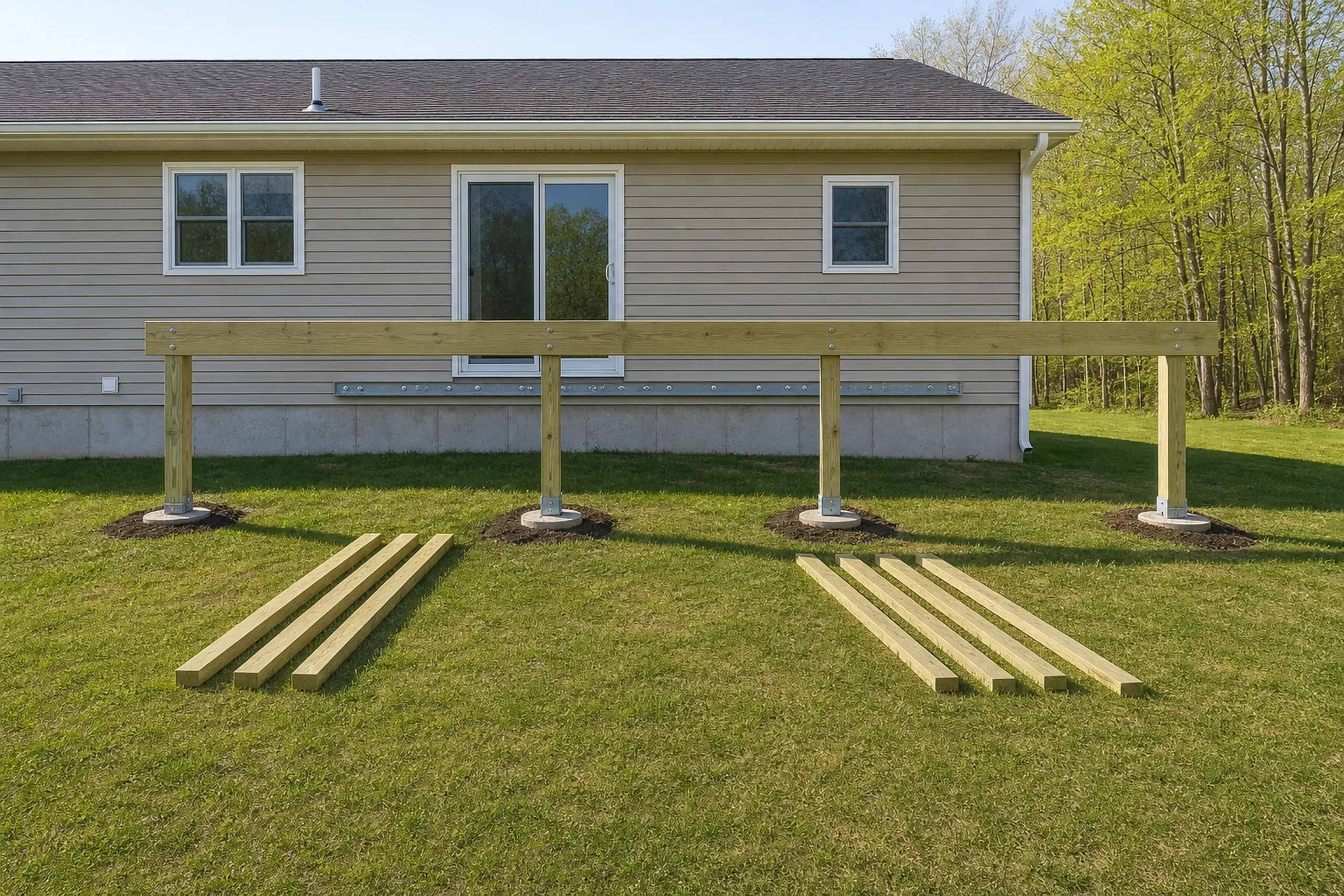Rear view of beige house with sliding door, small window, and partially built wooden deck with railing and wood planks on grass.