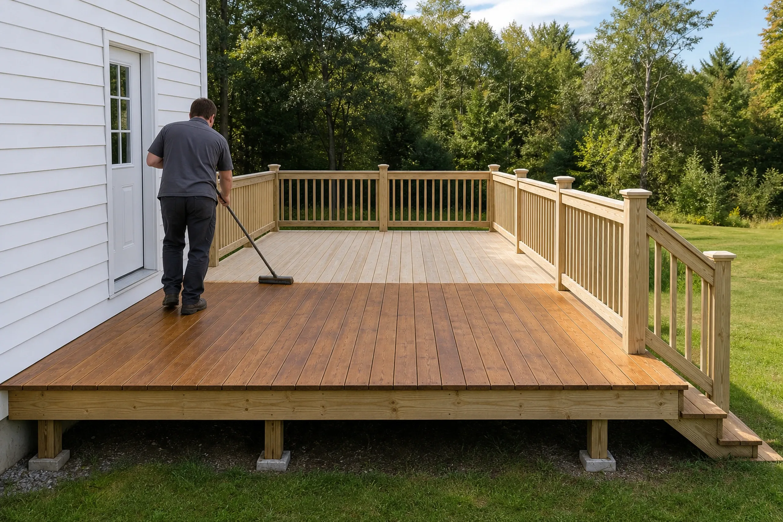 Man cleaning two-tone wooden deck with vertical post railing attached to white house in grassy backyard with trees.