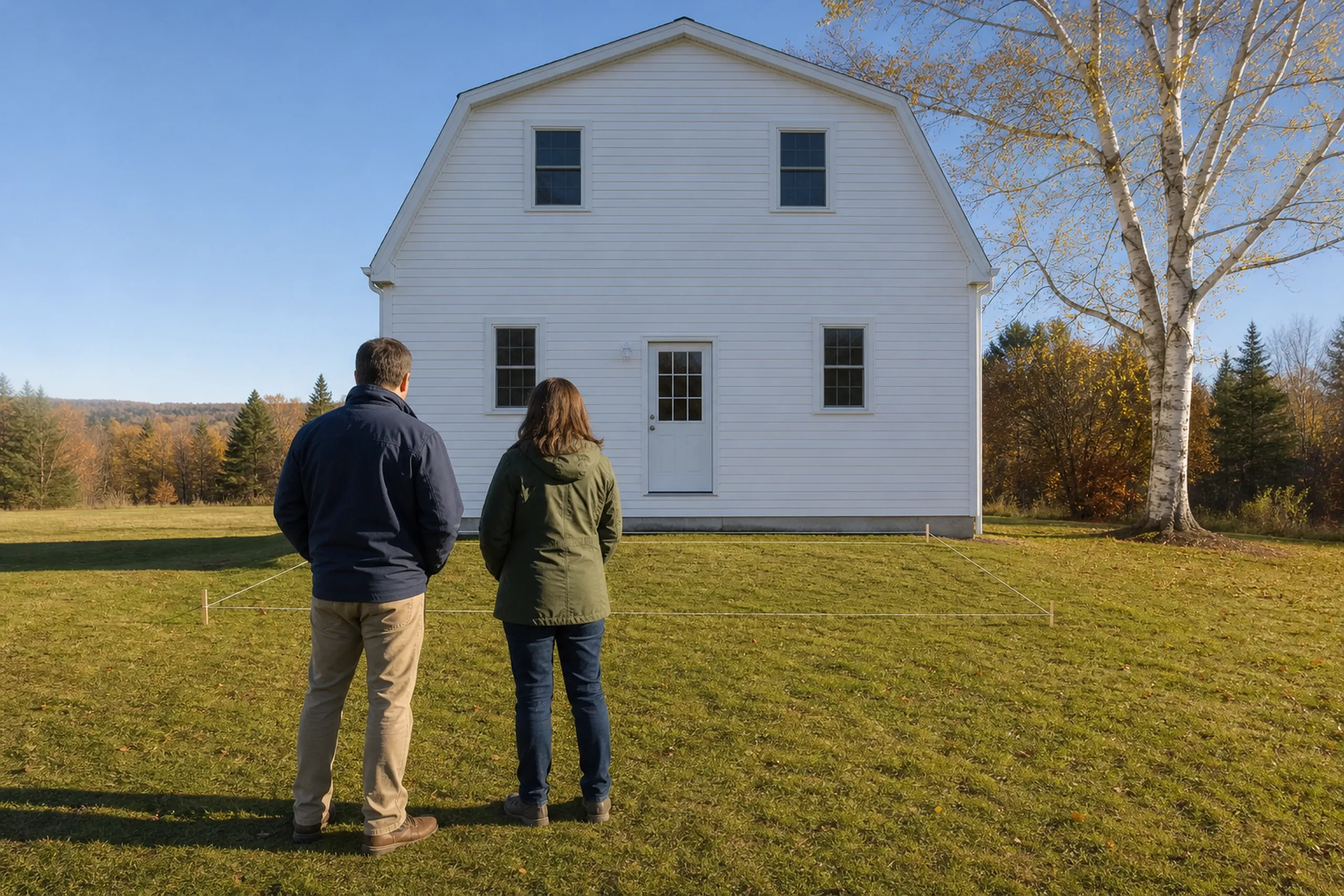 Two people stand on a grassy yard facing a white two-story house with a closed door and four windows; no deck or railing visible.