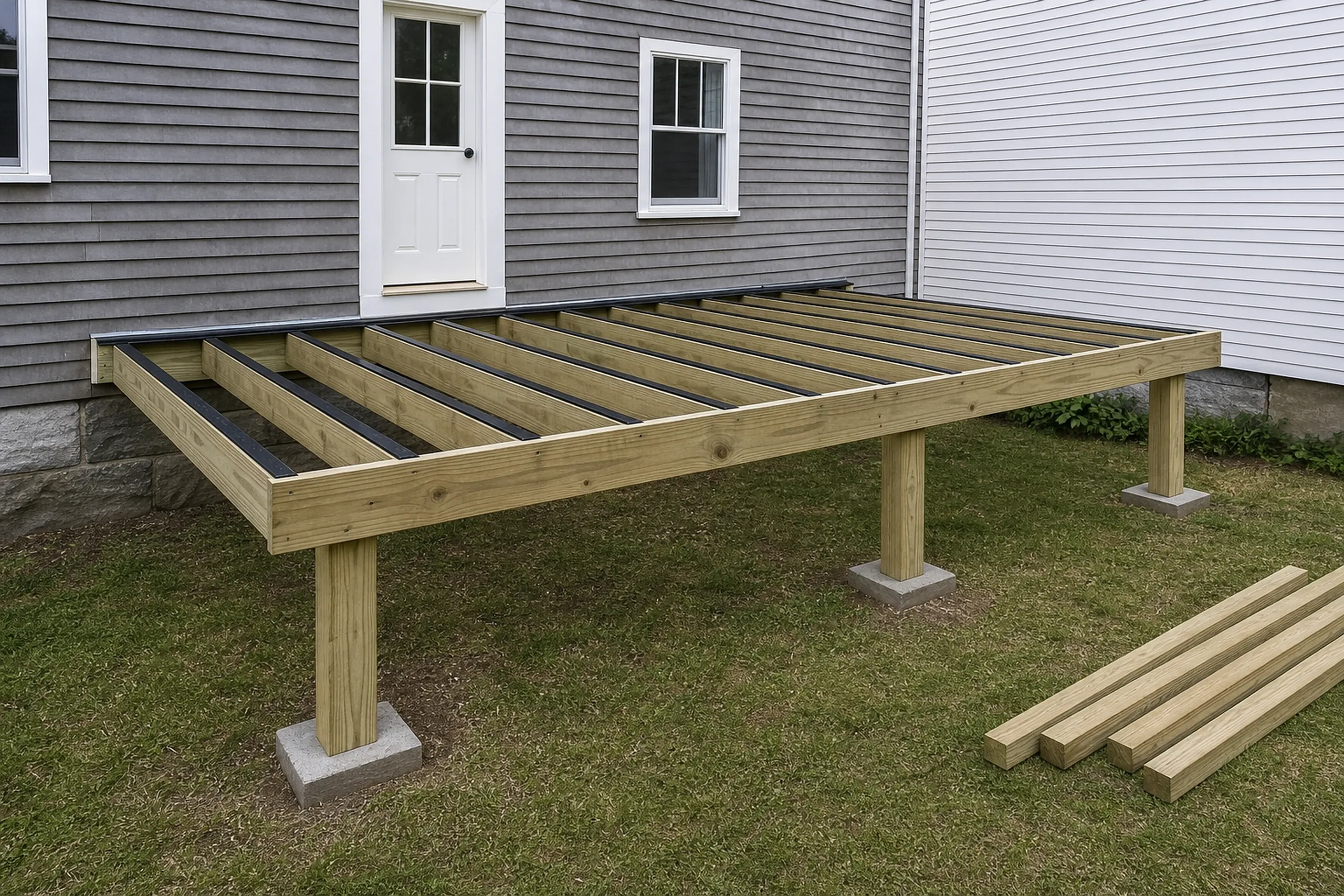 Wooden deck frame with no railing attached, next to a gray house with white door and window, no people visible.