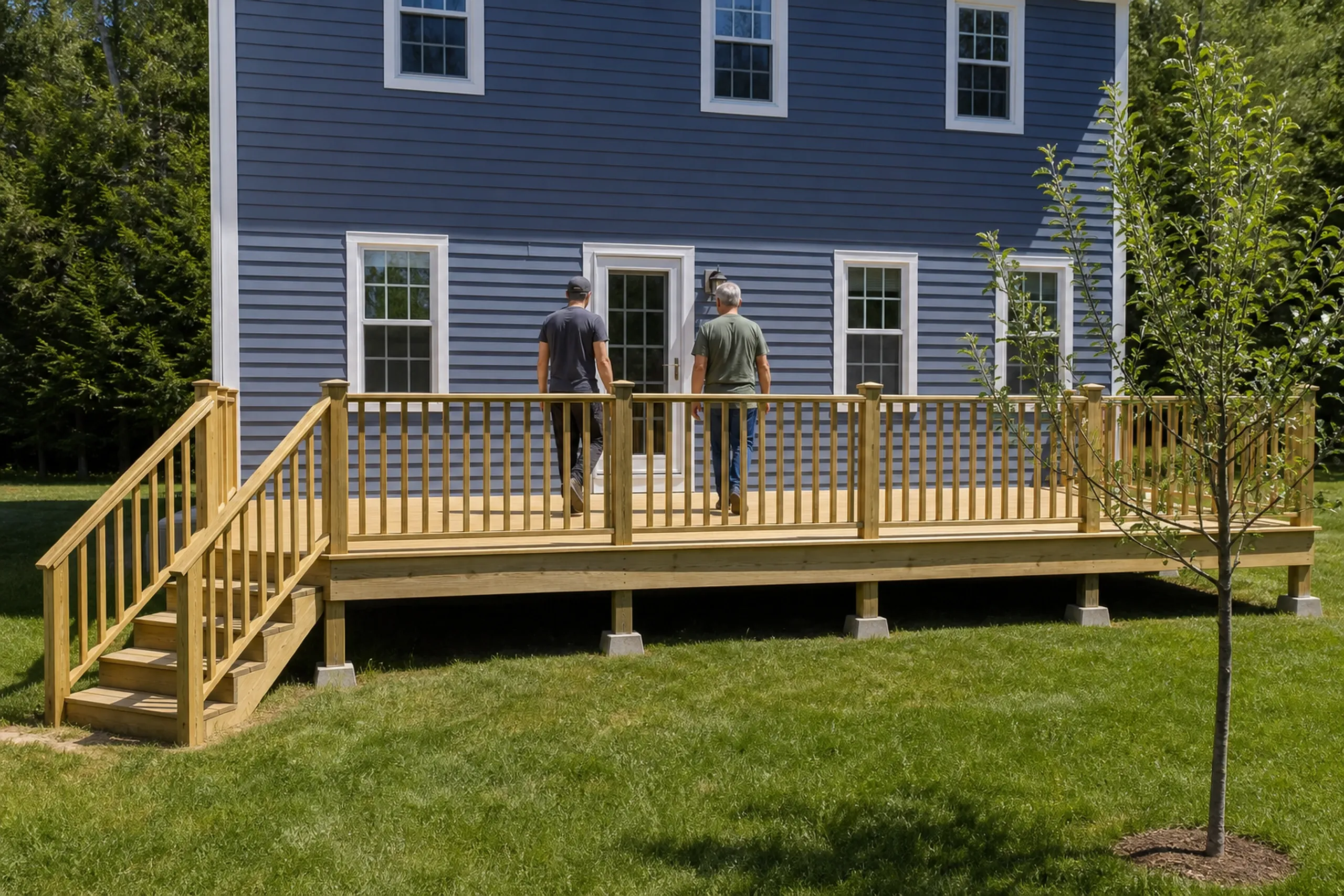 Two men stand on a light wood deck with vertical railings attached to a blue house with white-framed windows and door.