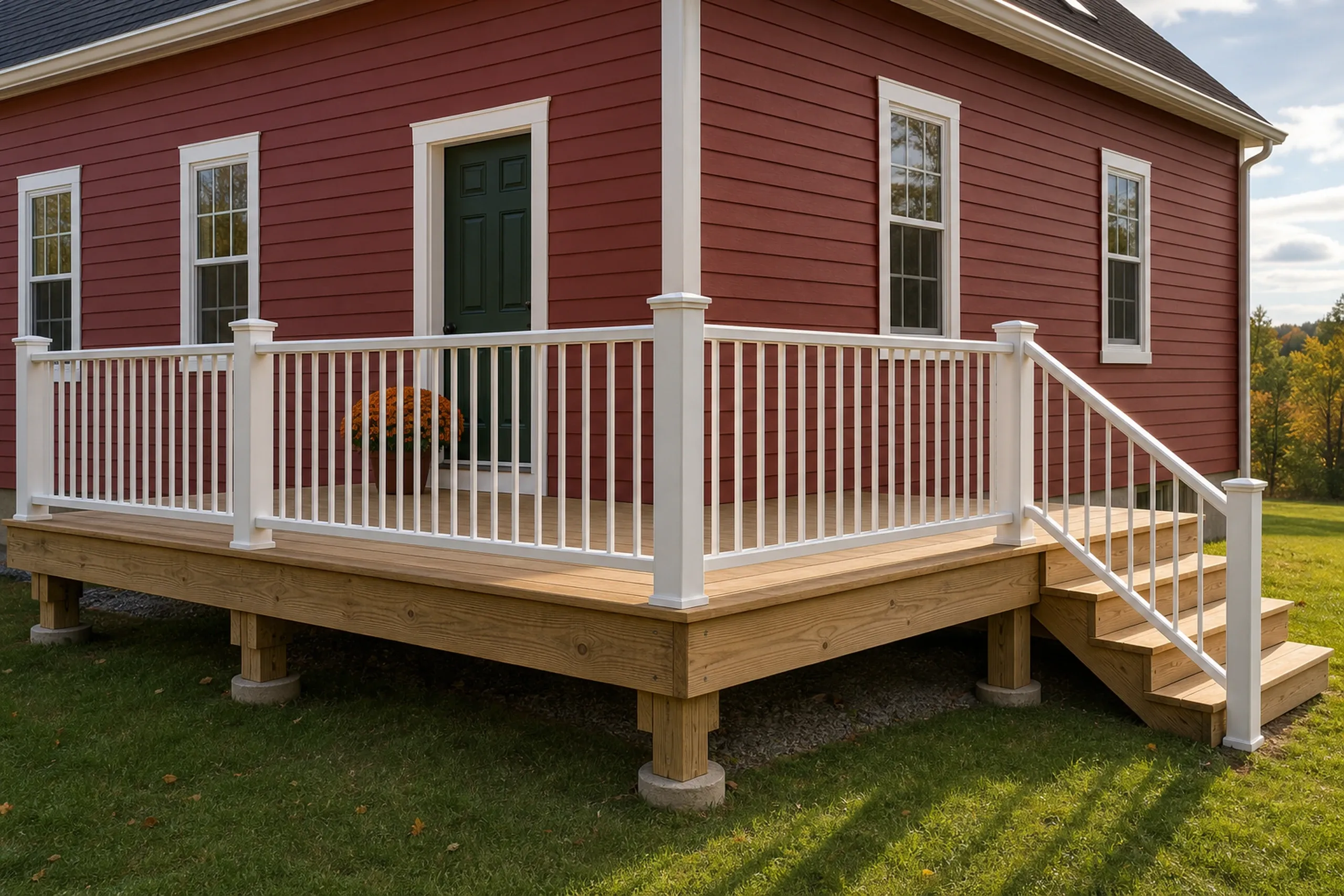 Wooden deck with white railing and stairs attached to a red house with white trim, showing no people in the image.